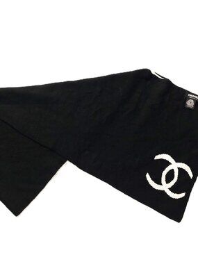 CHANEL Luxury Vintage Black & Gray Reversible Scarf Scarves